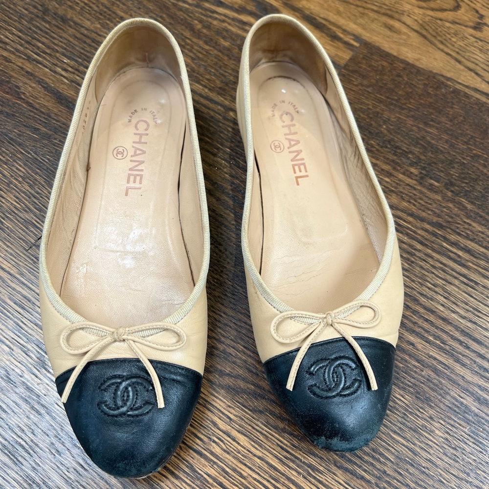 Tan and Black Chanel Ballet Flats